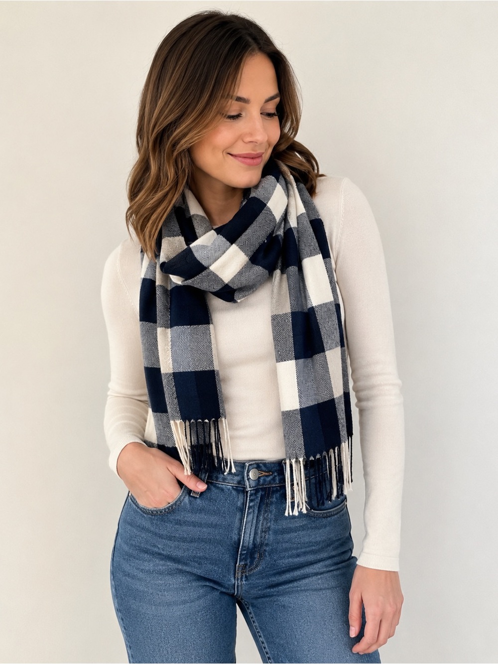 Plush Plaid Scarf Navy Gray Ivory Fringe Oversized Wrap Shawl